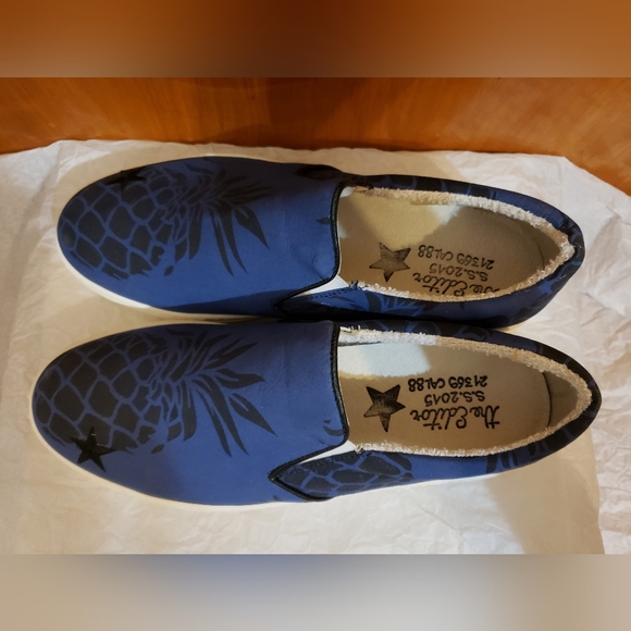 The Editor Italy Distressed Pineapple Printed Blue Fabric Slip on Sneakers - Picture 2 of 10